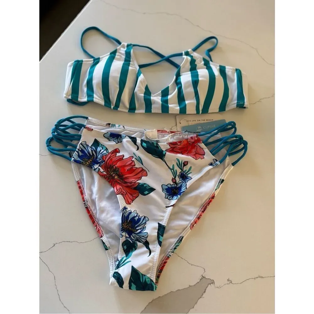 CUPSHE Stripe and Floral Strappy Bikini | Women’s Large | New With Tags